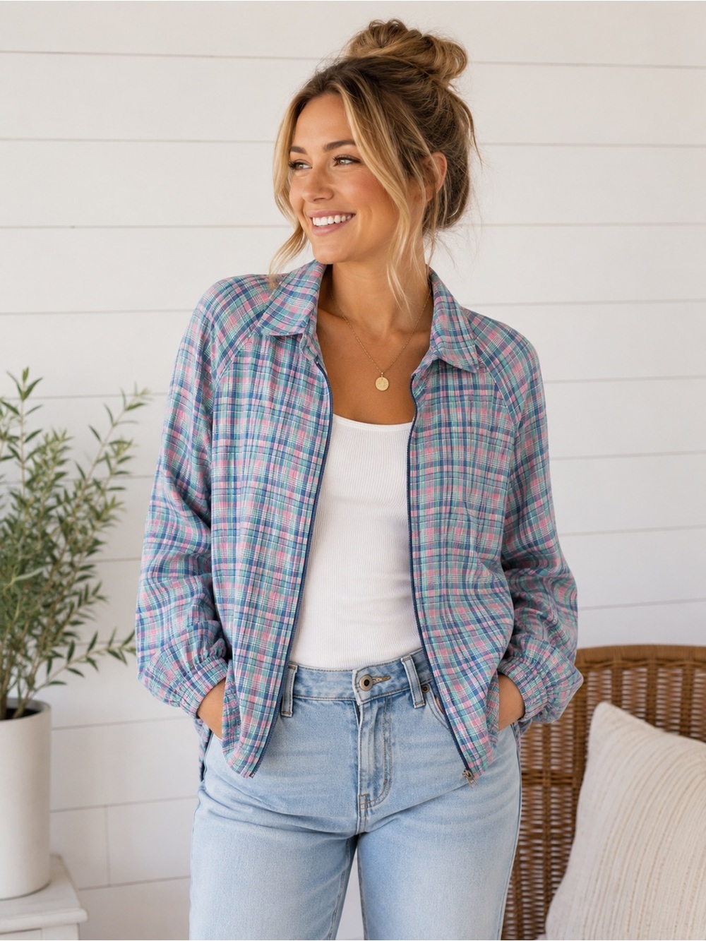 Vintage Tan Jay Lightweight Plaid Bomber Jacket in Blue, Green & Pink - M